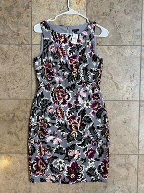Ann Taylor Gray Midi Dress with Pink & Purple Floral Print